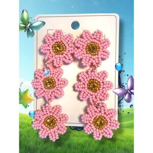 3 Three Pink Seed Beaded Flower Dangle 3.1" L Earrings